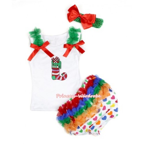 White Baby Pettitop & Kelly Green Ruffles & Red Bows & Christmas Stocking Print with White Rainbow Heart Bloomers with Kelly Green Headband Red Silk Bow LD235 